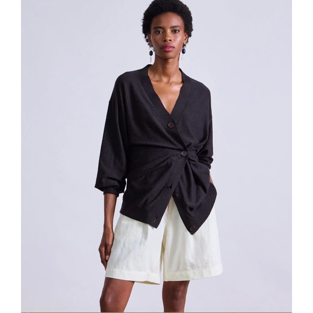 Apiece Apart Drippy Tissue Merino Wool V-Neck Cardigan Espresso Brown 2X